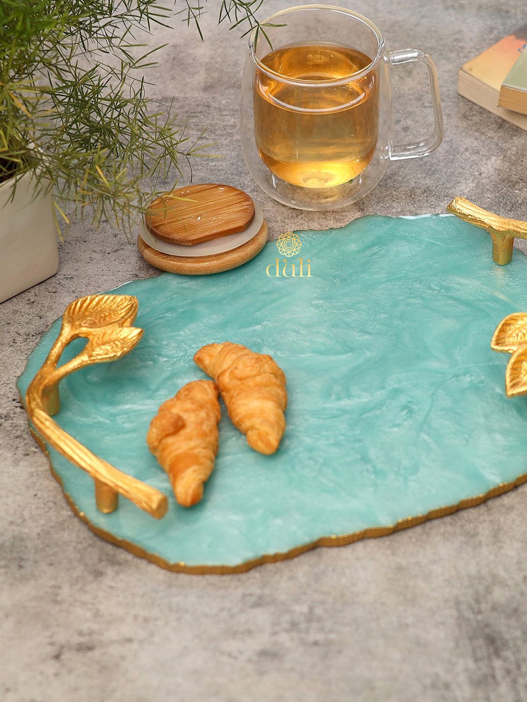 DULI Blue & Gold-colored Solid Resin Serving Tray Platter Price in India