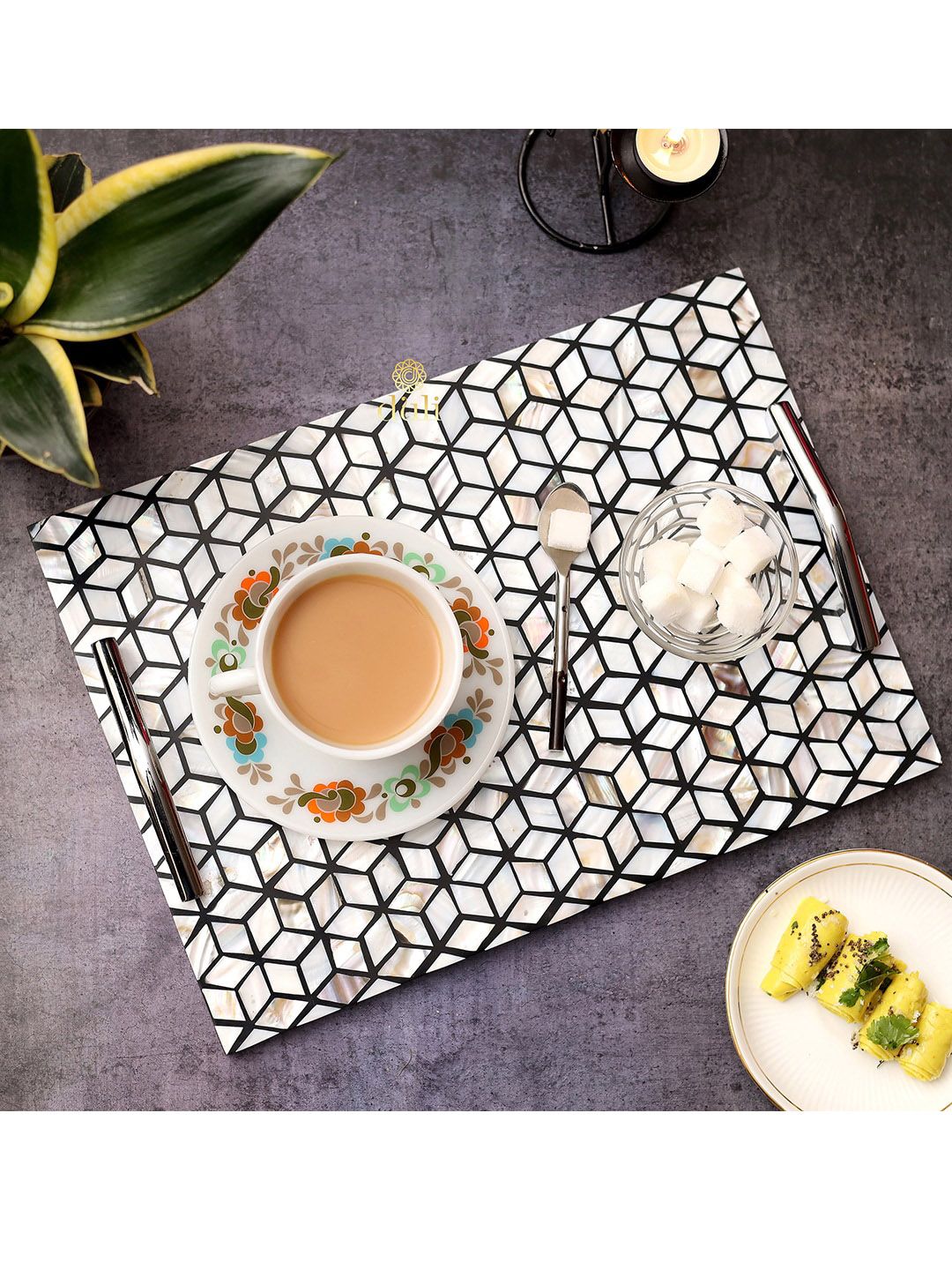 DULI Off White & Black Printed wooden Tray Price in India