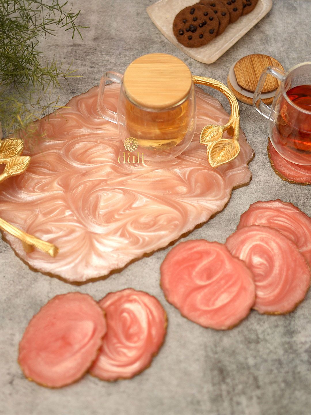 DULI Pink Resin Serving Tray Platter with 6 Pcs Oval Coasters Price in India