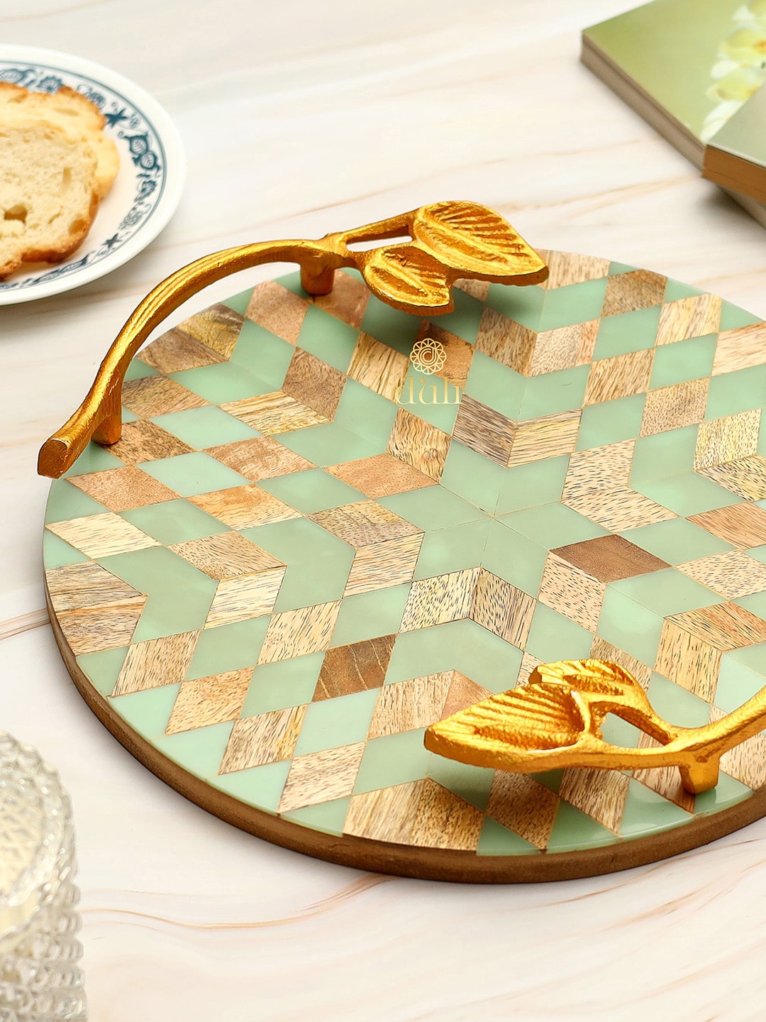 DULI Green & Gold-Toned Round Multipurpose Serving Tray Platter Price in India