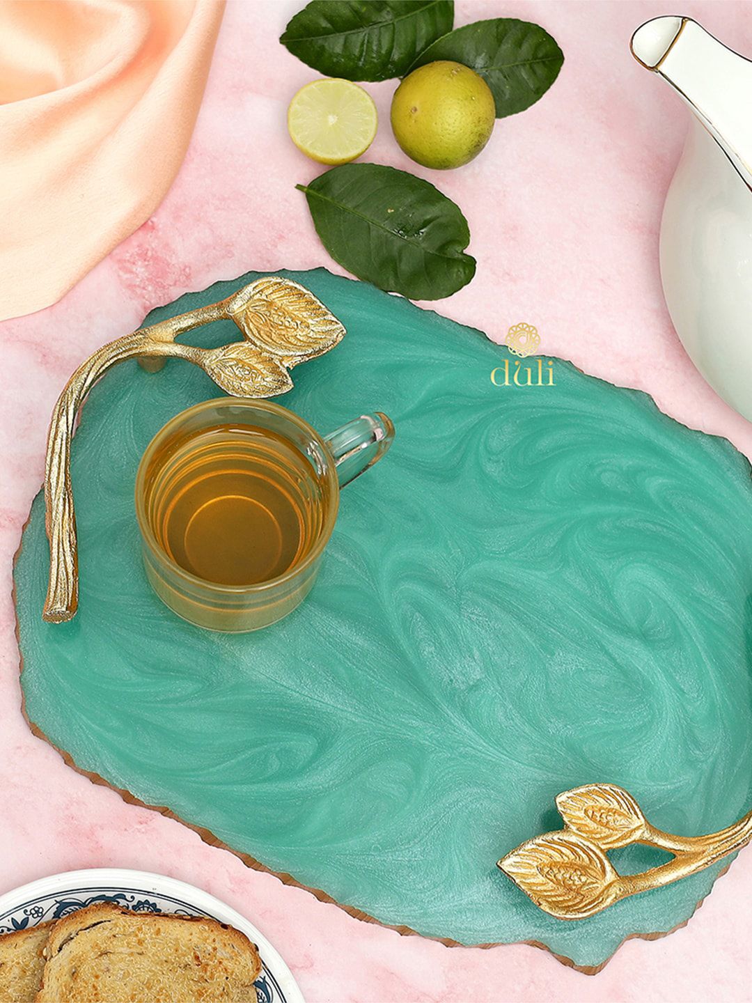 DULI Green & Gold-Toned Multipurpose Serving Tray Platter Price in India
