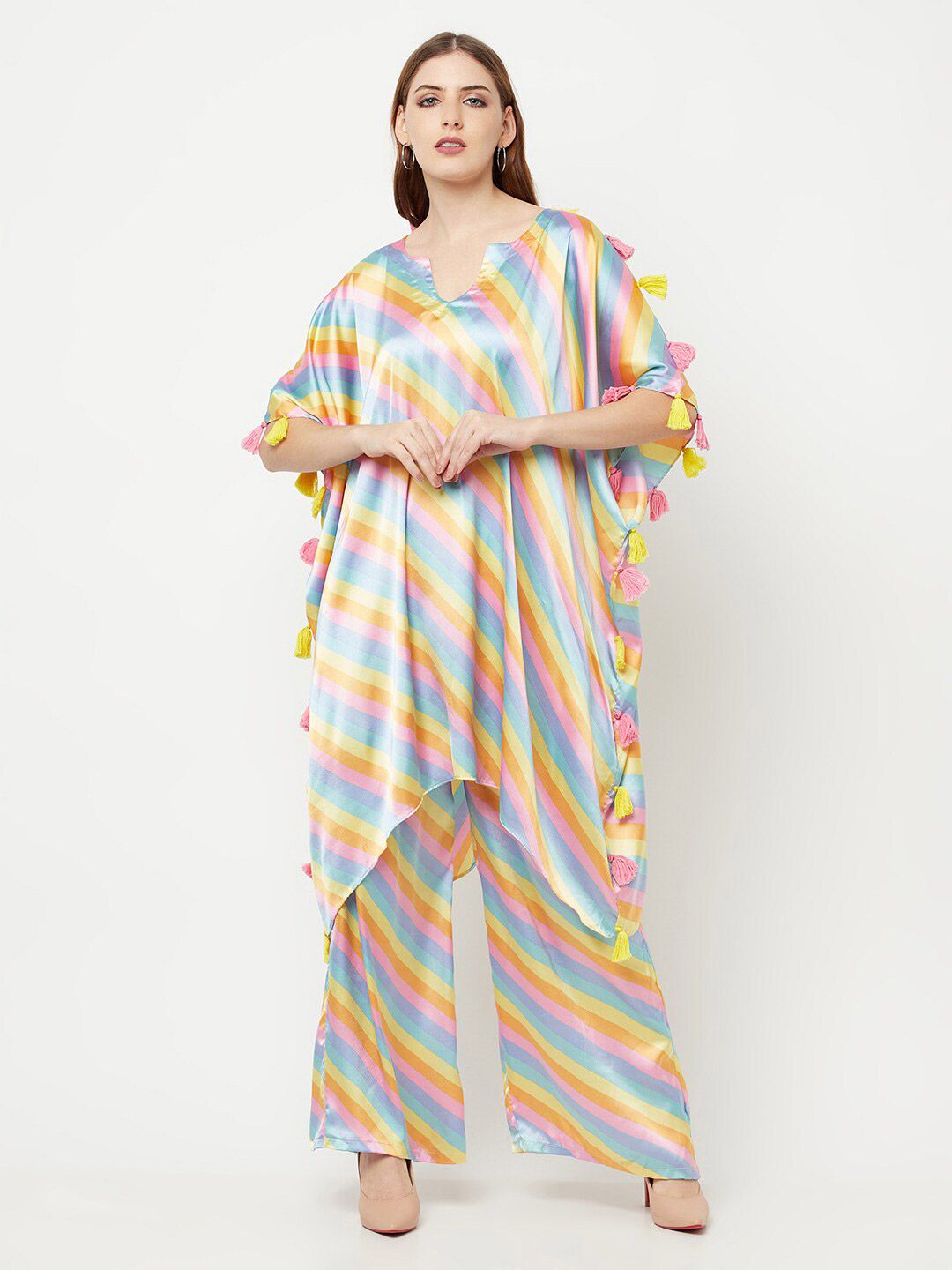 THE SILHOUETTE STORE Women Pink & Yellow Striped Top with Trousers