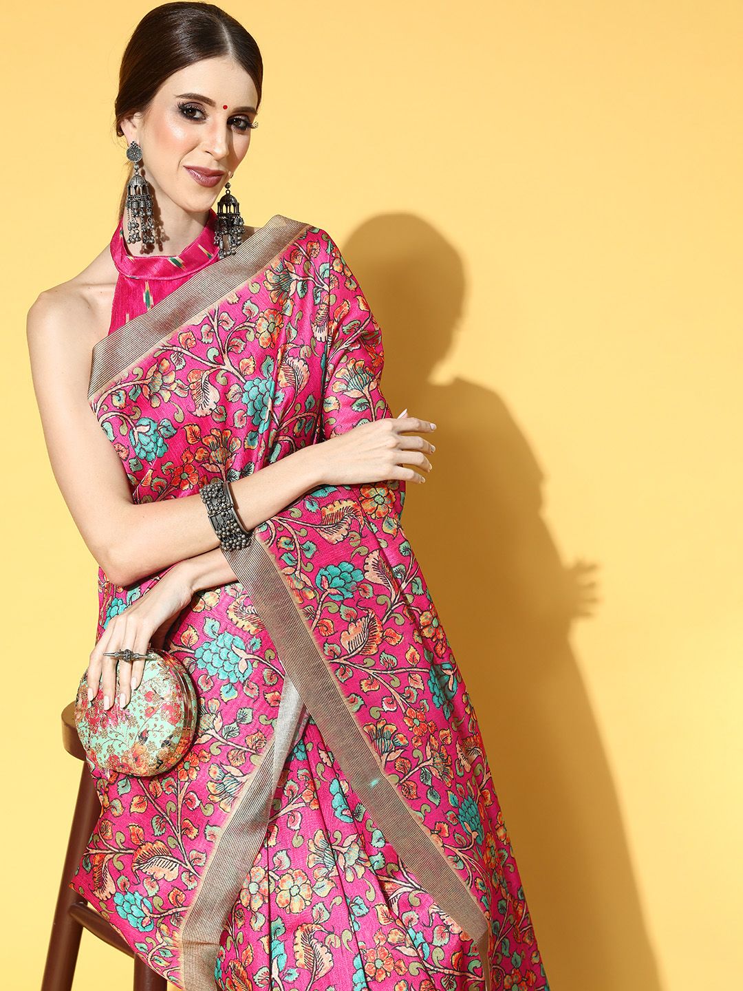 Mitera Pink Ethnic Motifs Art Silk Saree Price in India