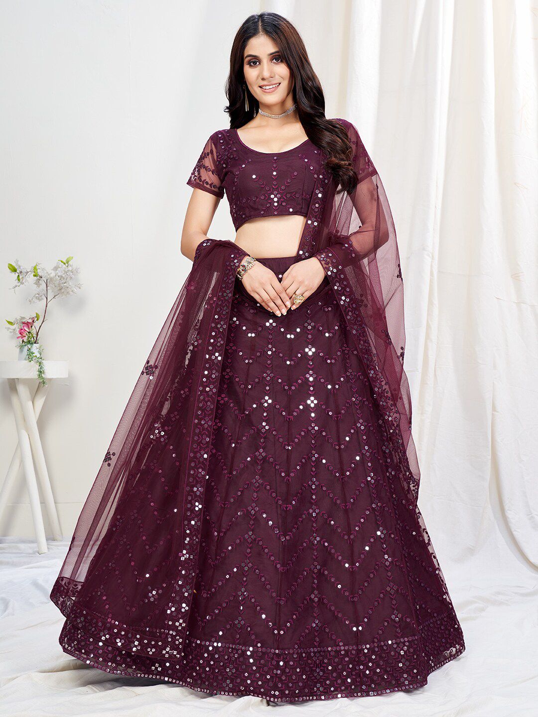 WHITE FIRE Purple & Silver-Toned Embroidered Thread Work Semi-Stitched Lehenga & Unstitched Blouse With Price in India