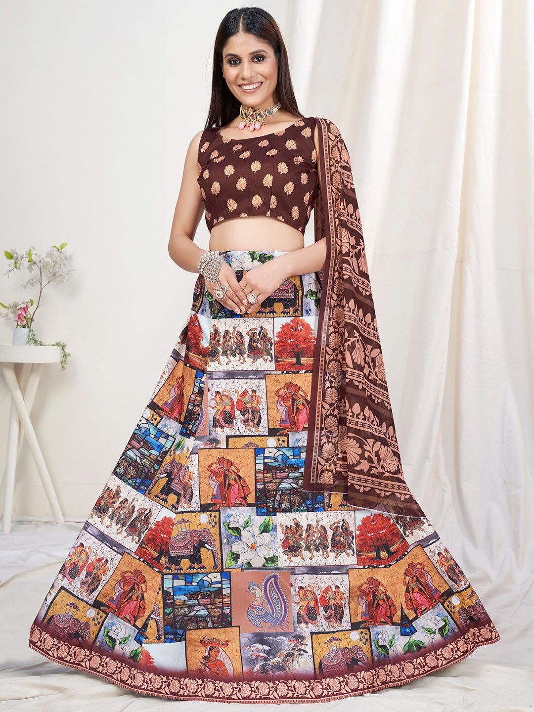 WHITE FIRE Brown & Blue Printed Semi-Stitched Lehenga & Unstitched Blouse With Dupatta Price in India