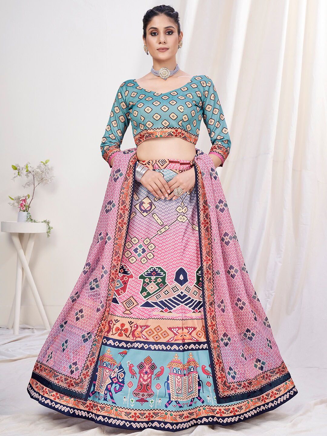 WHITE FIRE Pink & Blue Printed Semi-Stitched Lehenga & Unstitched Blouse With Dupatta Price in India