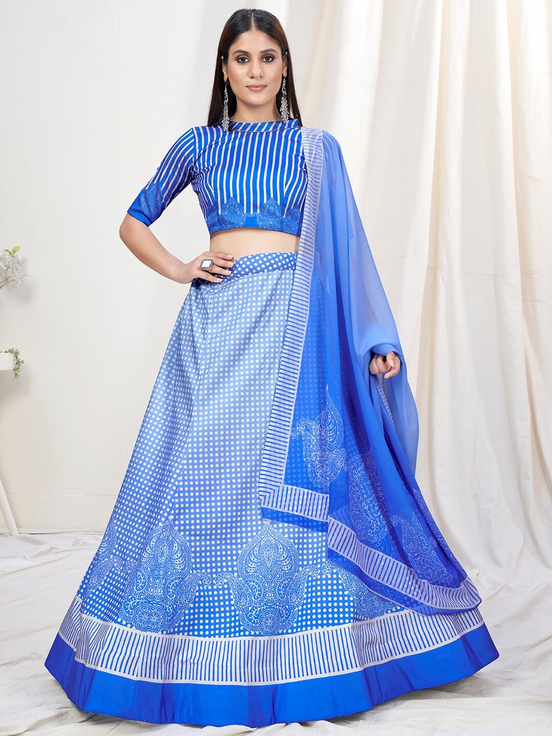 WHITE FIRE Blue & White Printed Semi-Stitched Lehenga & Unstitched Blouse With Dupatta Price in India