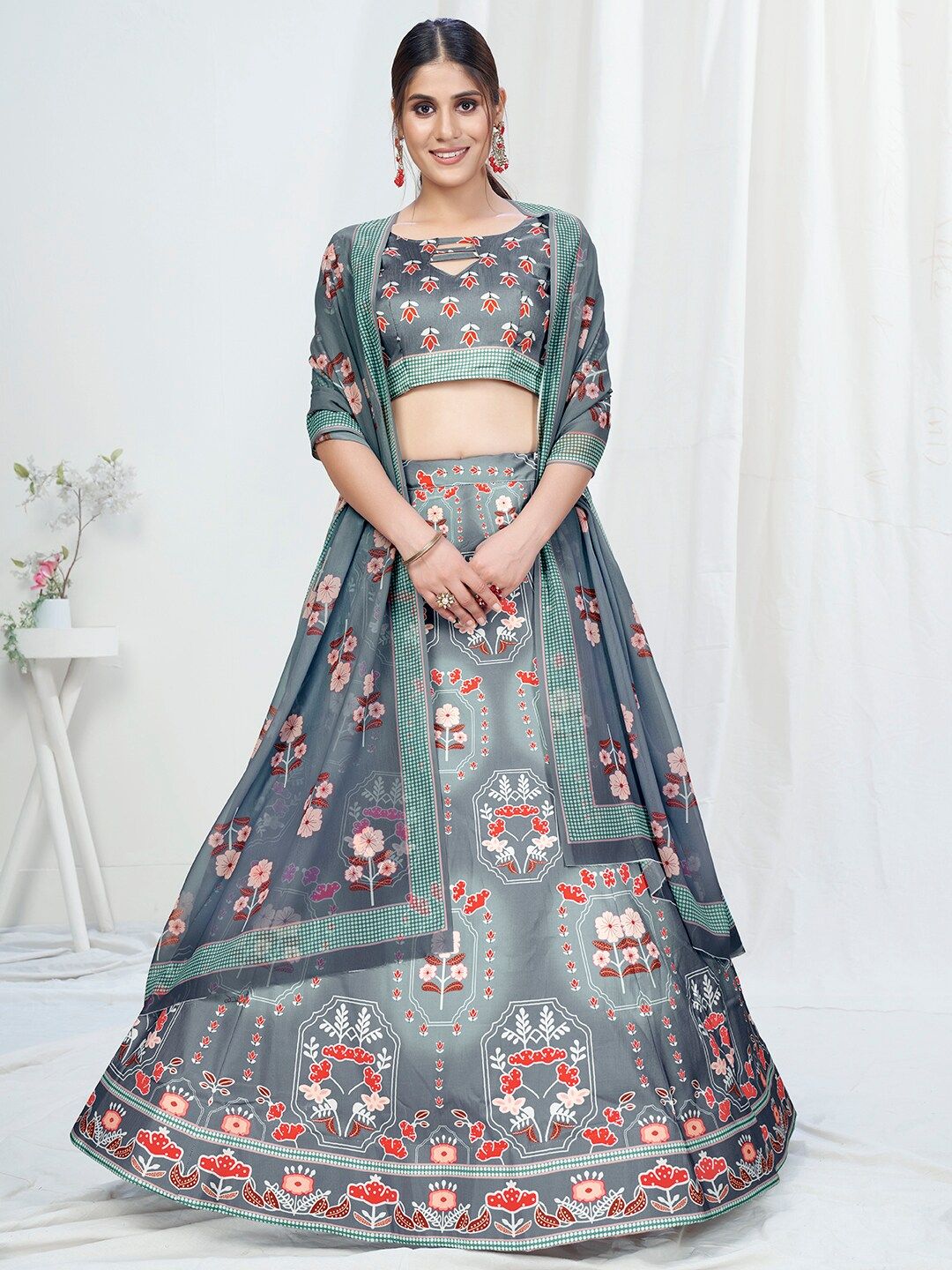 WHITE FIRE Grey & Red Printed Semi-Stitched Lehenga & Unstitched Blouse With Dupatta Price in India