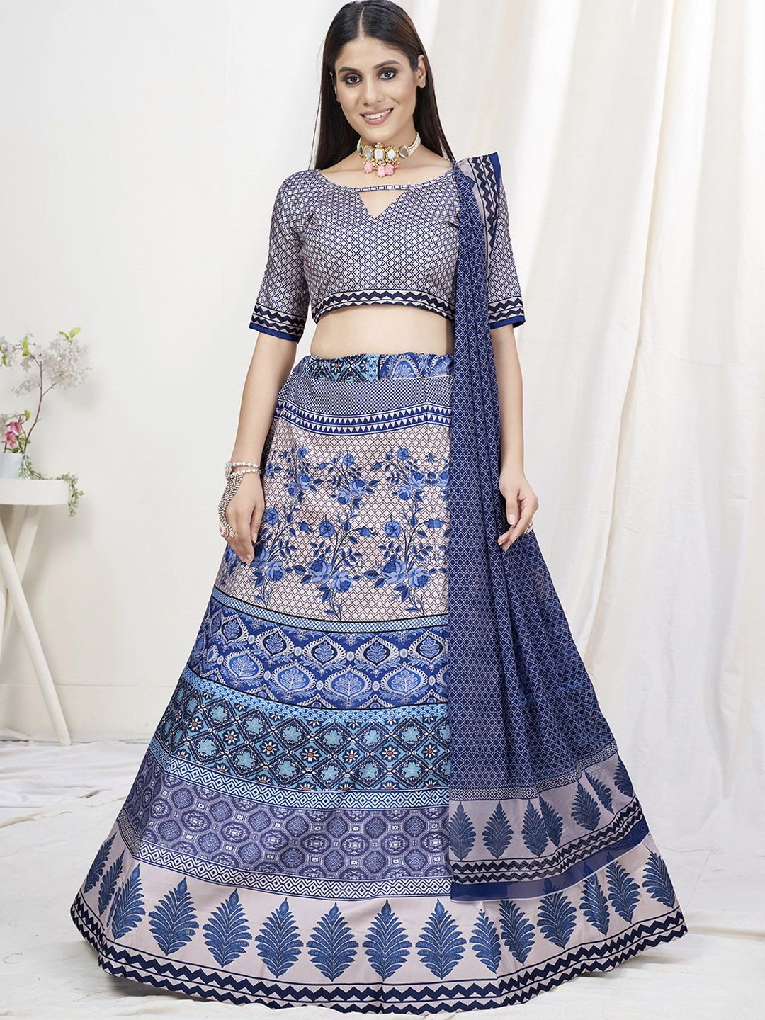 WHITE FIRE Blue & Taupe Printed Semi-Stitched Lehenga & Unstitched Blouse With Dupatta Price in India