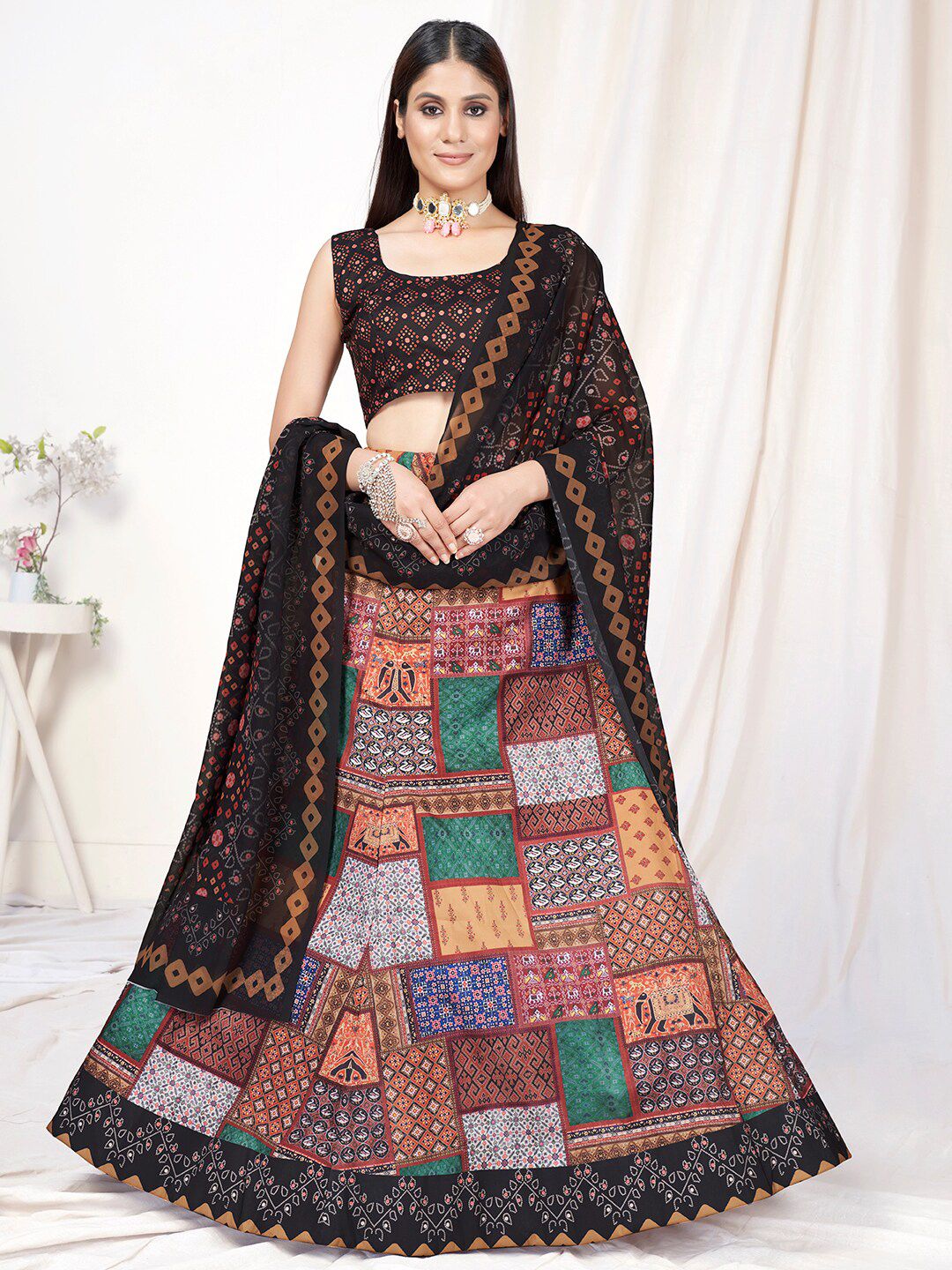 WHITE FIRE Brown & Green Printed Semi-Stitched Lehenga & Unstitched Blouse With Dupatta Price in India