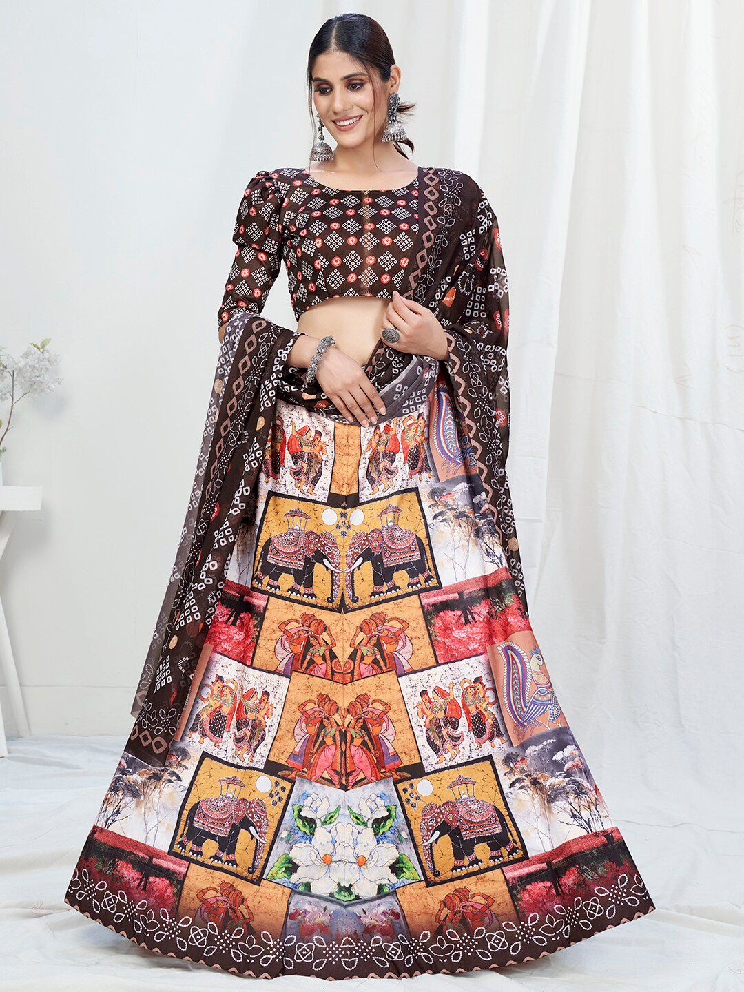 WHITE FIRE Brown & White Printed Semi-Stitched Lehenga & Unstitched Blouse With Dupatta Price in India