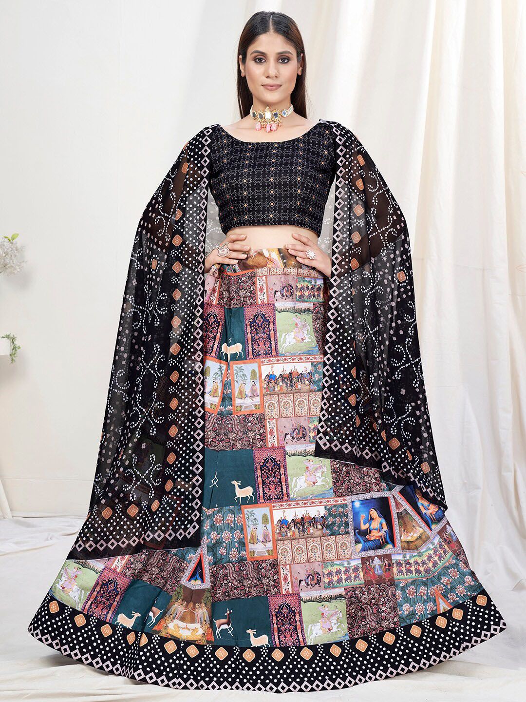 WHITE FIRE Black & Pink Printed Semi-Stitched Lehenga & Unstitched Blouse With Dupatta Price in India