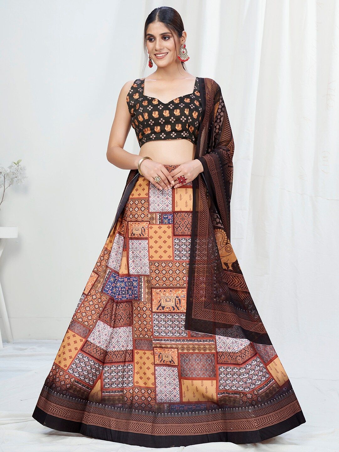 WHITE FIRE Brown & Black Printed Semi-Stitched Lehenga & Unstitched Blouse With Dupatta