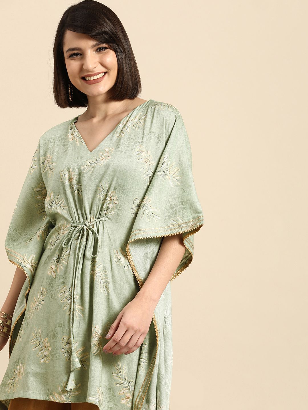 Anouk Women Green & Gold-Toned Floral Printed Extended Sleeves Gotta Patti Kaftan Kurta Price in India