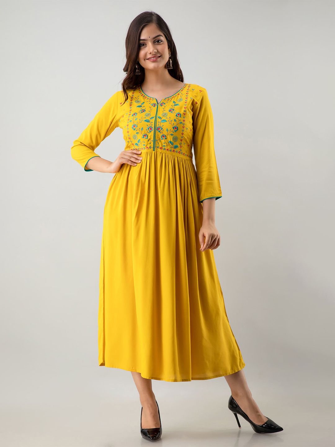 KIMAYRA Mustard Yellow Ethnic Midi Dress Price in India