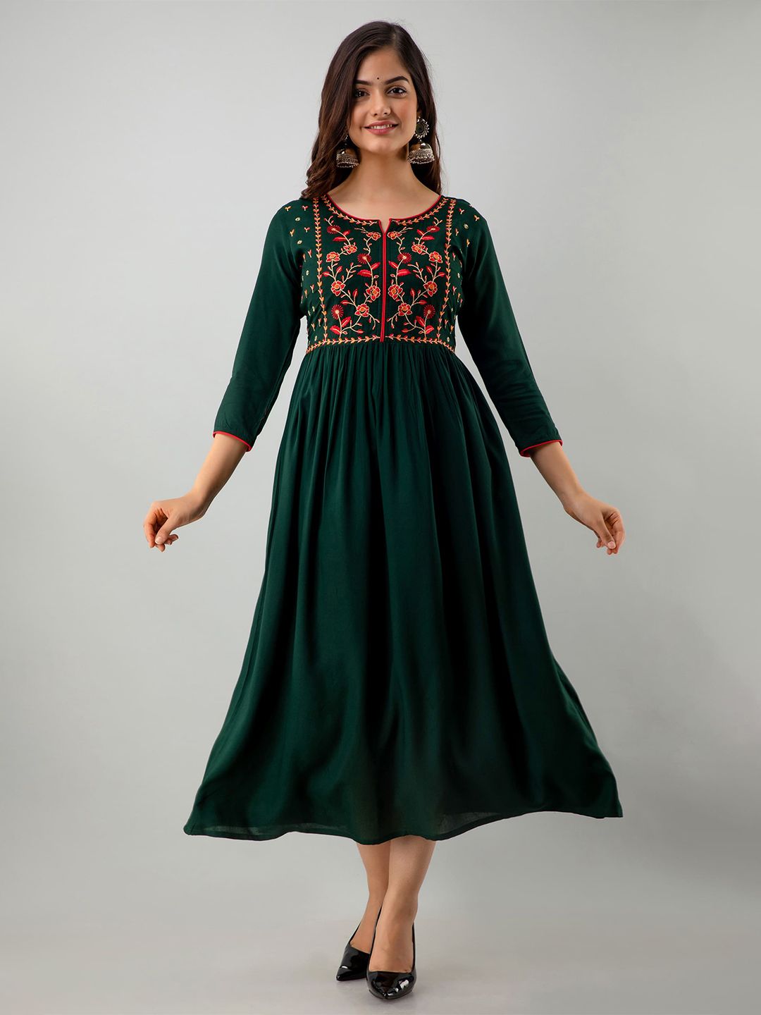 KIMAYRA Green Ethnic Maxi Midi Dress Price in India