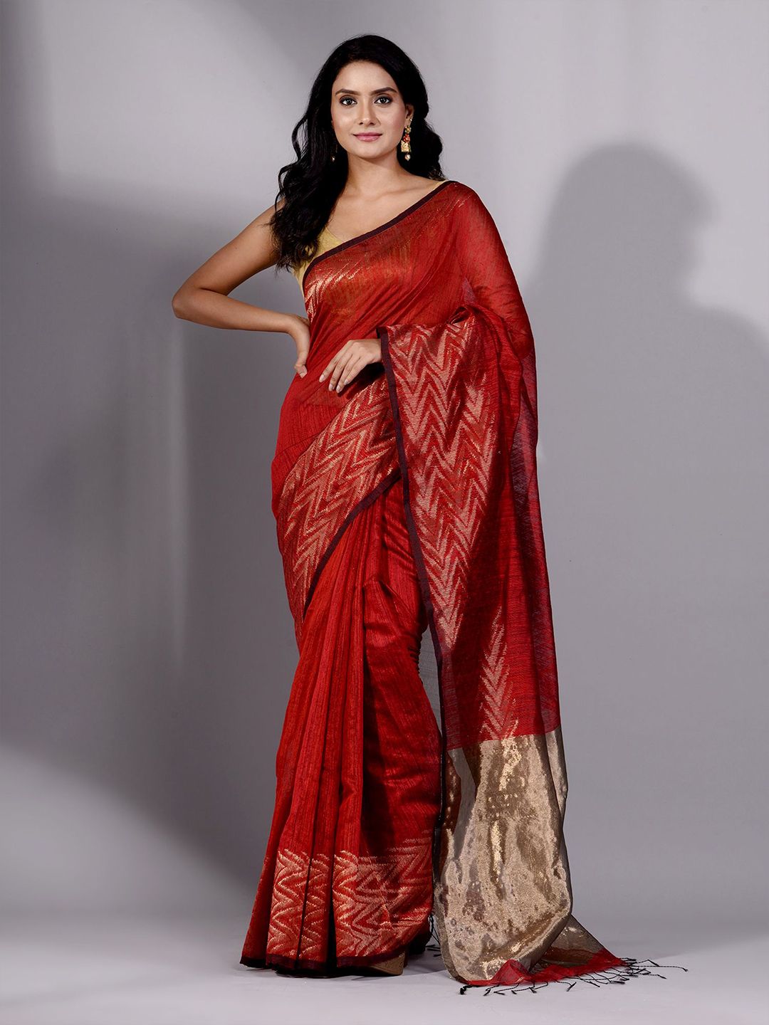 Charukriti Red & Black Woven Design Pure Silk Saree Price in India