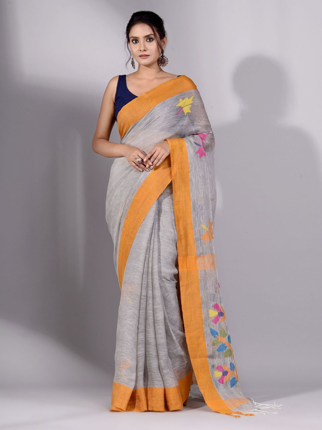 Charukriti Grey & Yellow Woven Design Pure Linen Saree Price in India