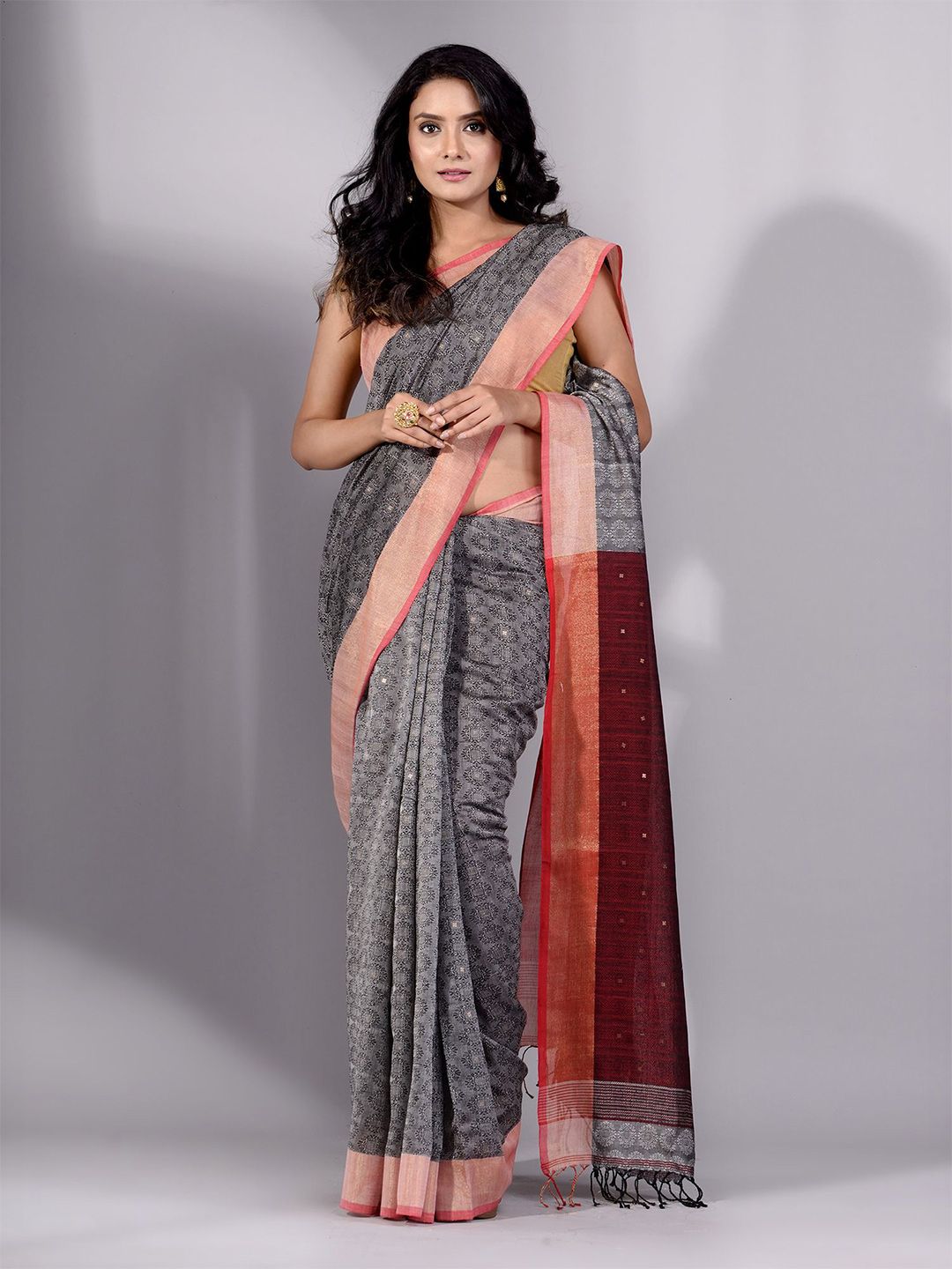 Charukriti Grey & Red Woven Design Pure Cotton Saree Price in India