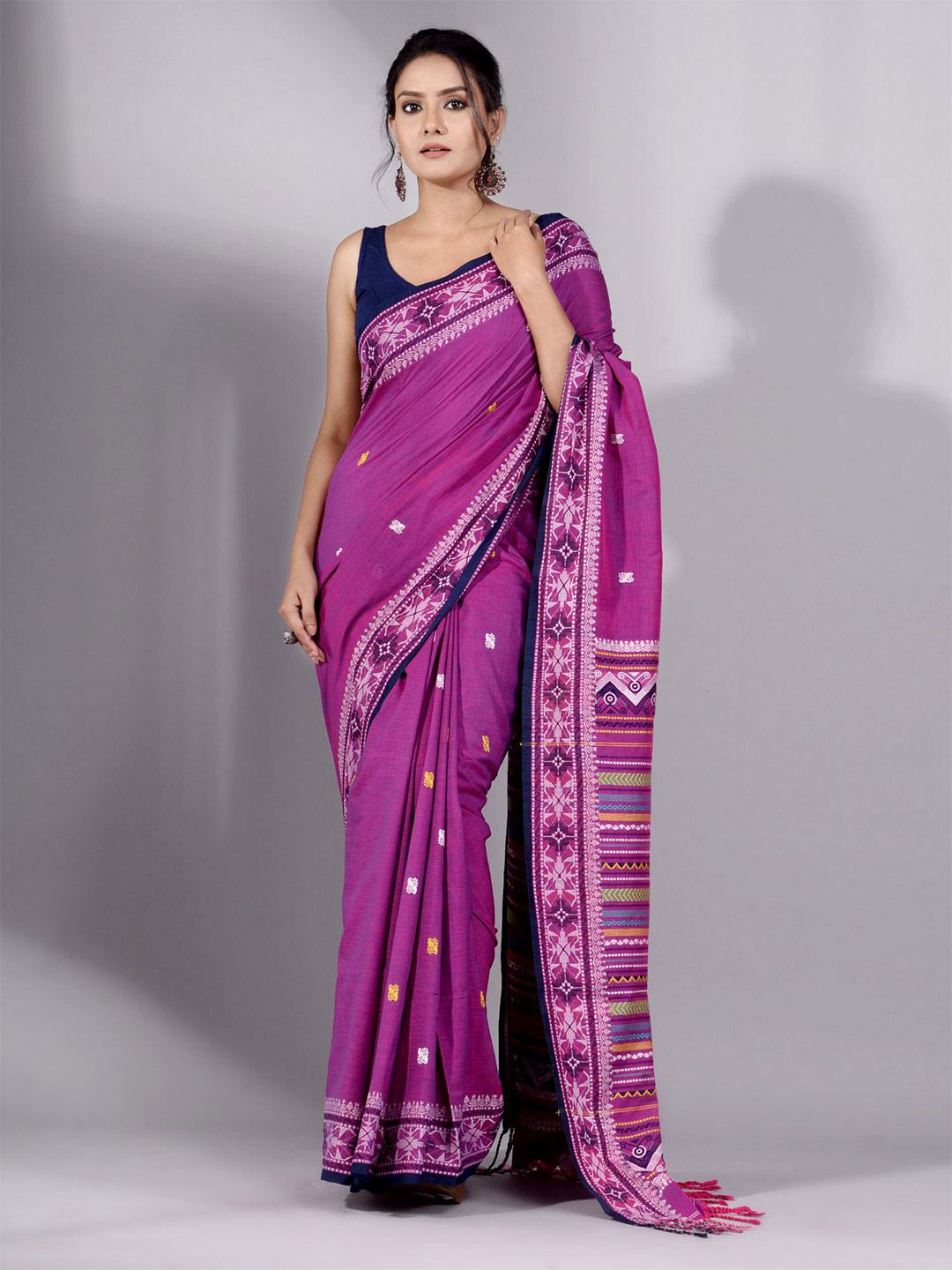 Charukriti Purple & Blue Floral Pure Cotton Saree Price in India