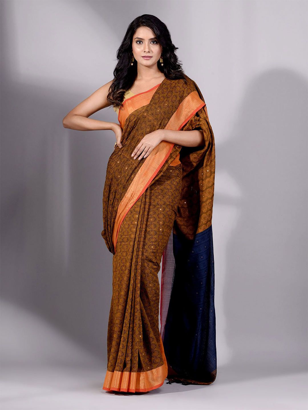 Charukriti Brown & Navy Blue Woven Design Pure Cotton Saree Price in India