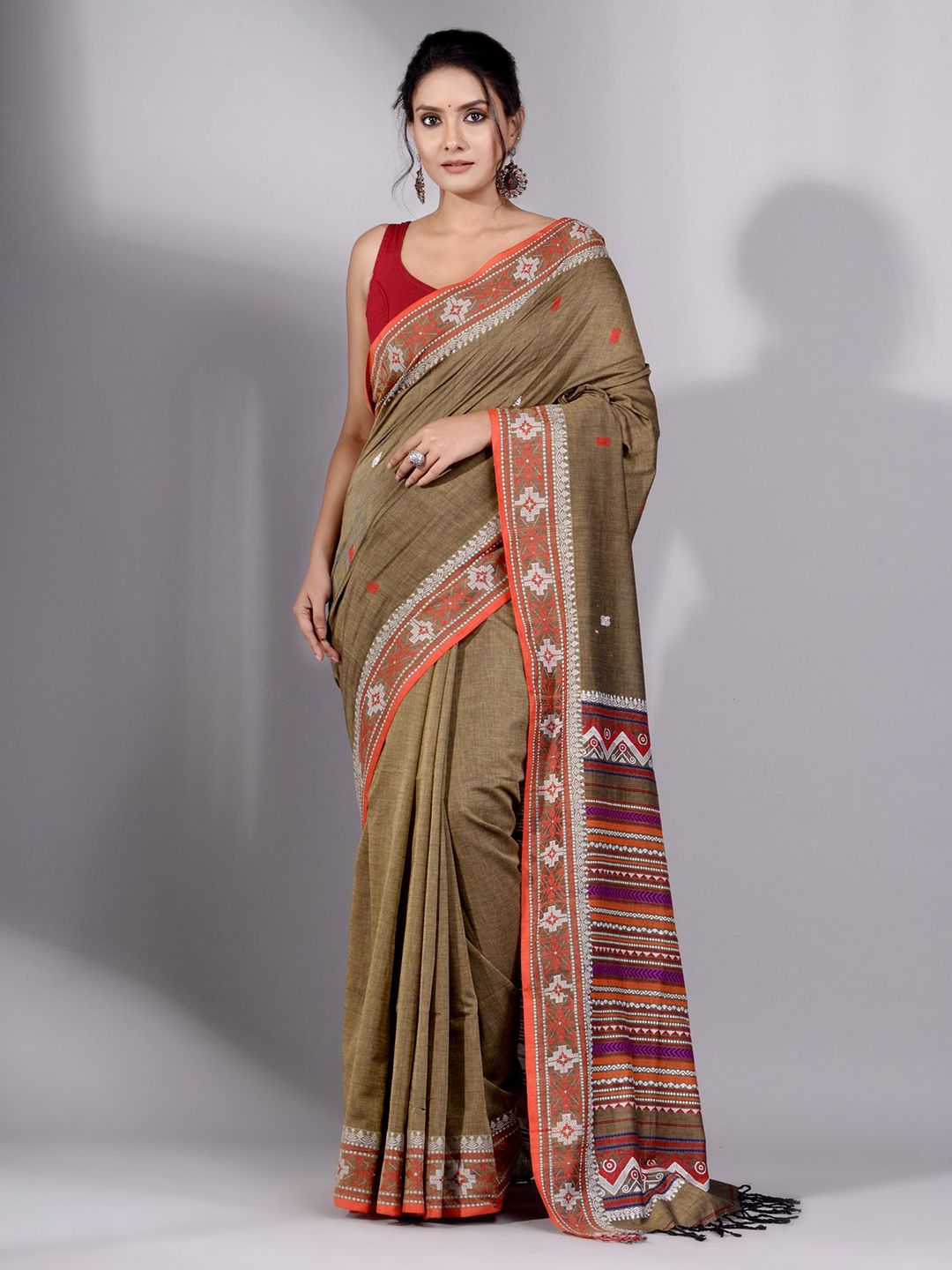 Charukriti Brown & Purple Woven Design Pure Cotton Saree Price in India