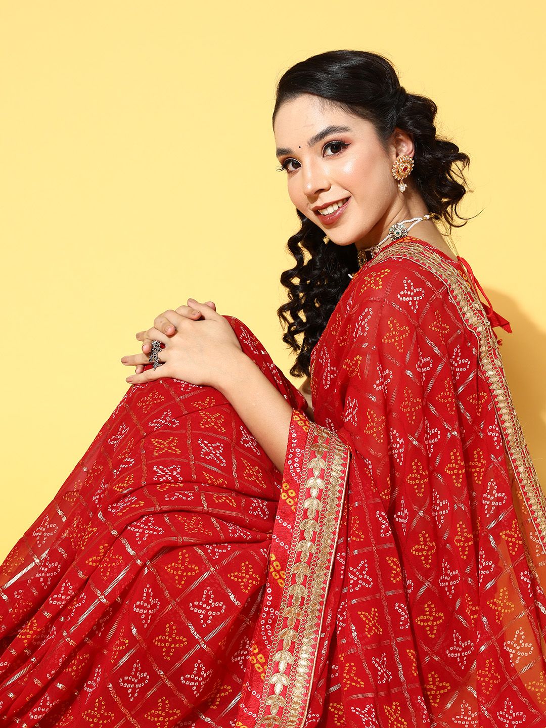 Mitera Red Bandhani Gotta Patti Bandhani Saree Price in India