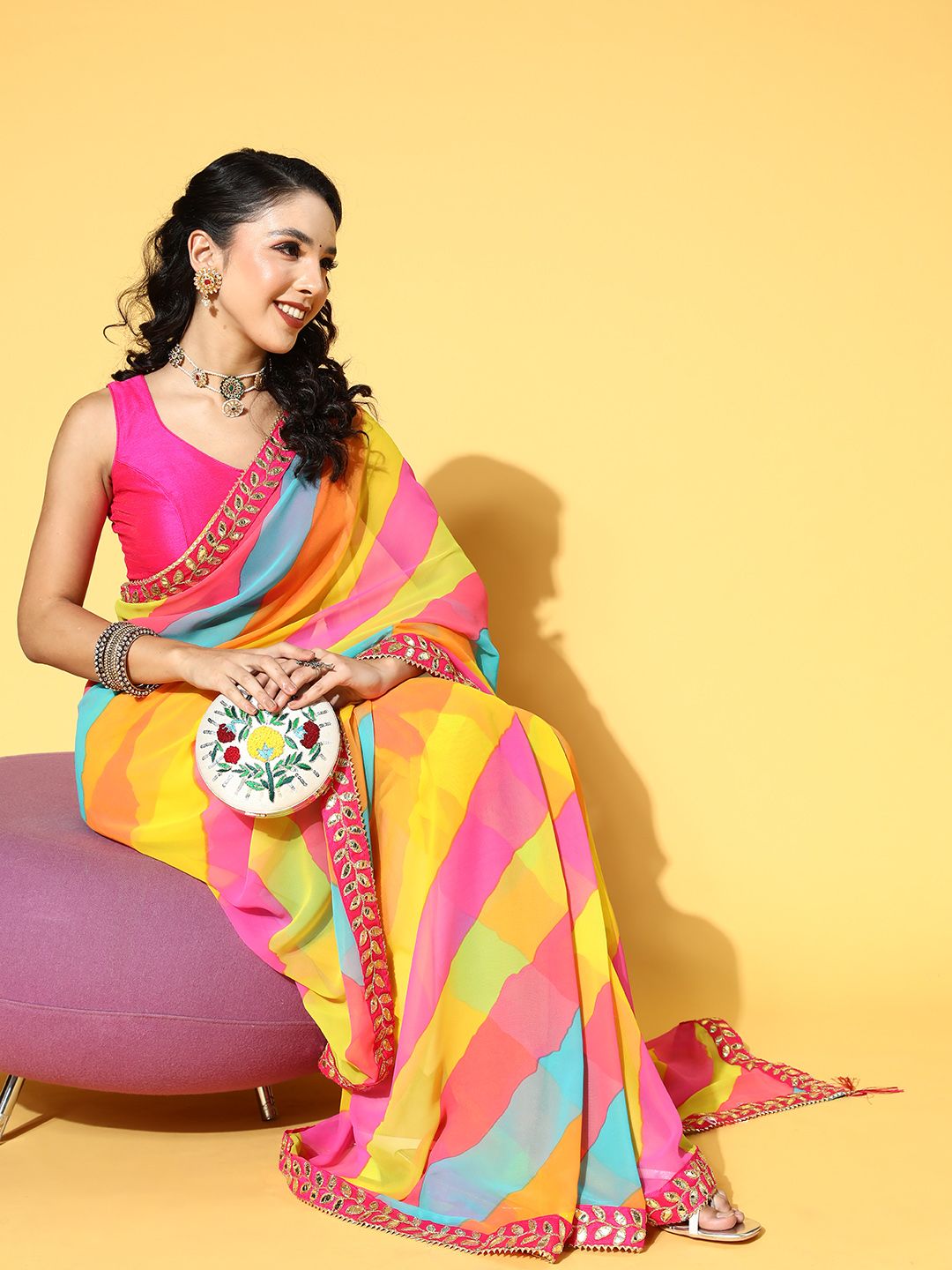 Mitera Pink & Yellow Leheriya Gotta Patti Saree Price in India