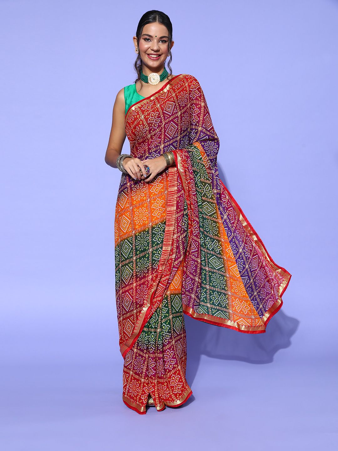 Mitera Bandhani Saree with Woven Design border Price in India