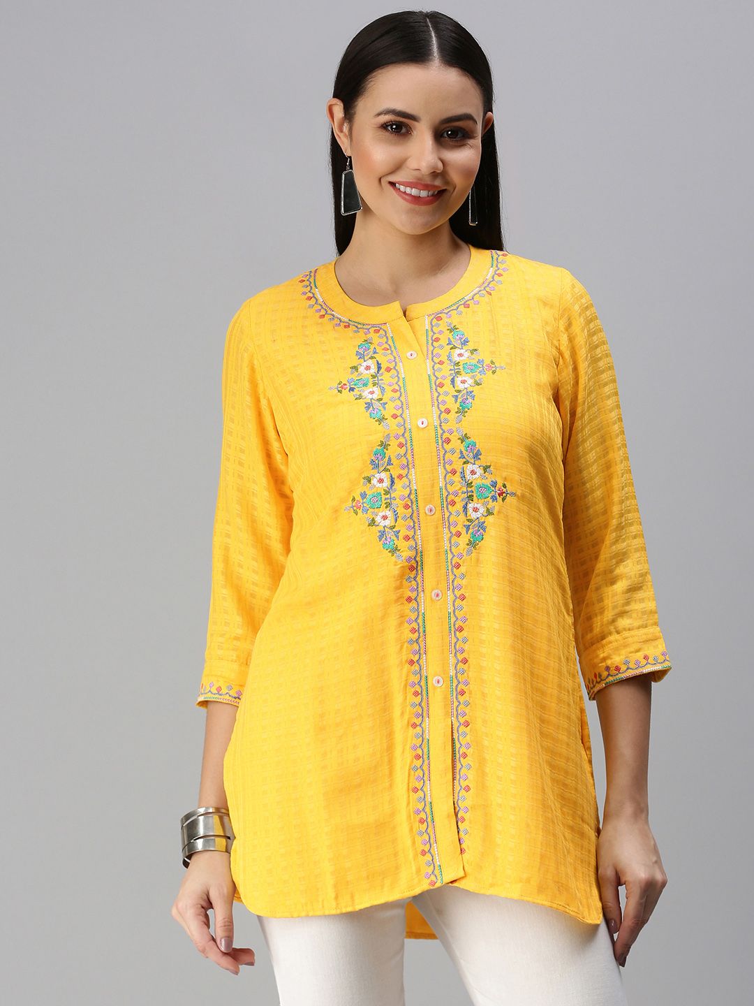 ETIQUETTE Yellow & Blue Floral Embroidered Kurti