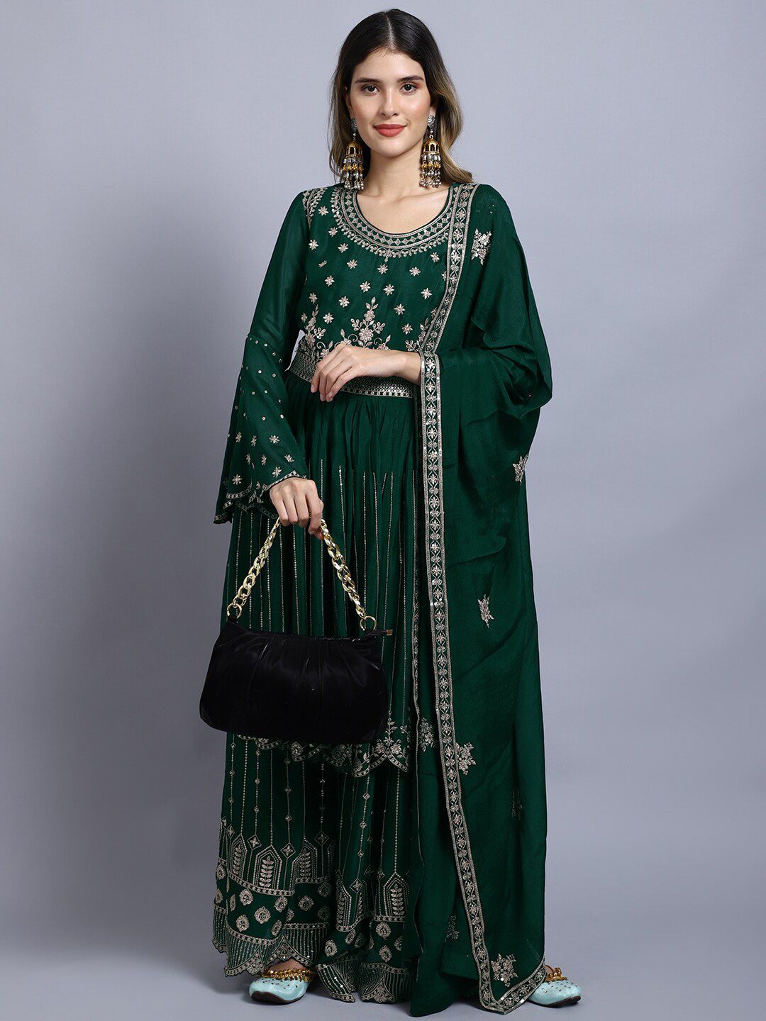 Stylee LIFESTYLE Green & Gold-Toned Embroidered Semi-Stitched Dress Material Price in India