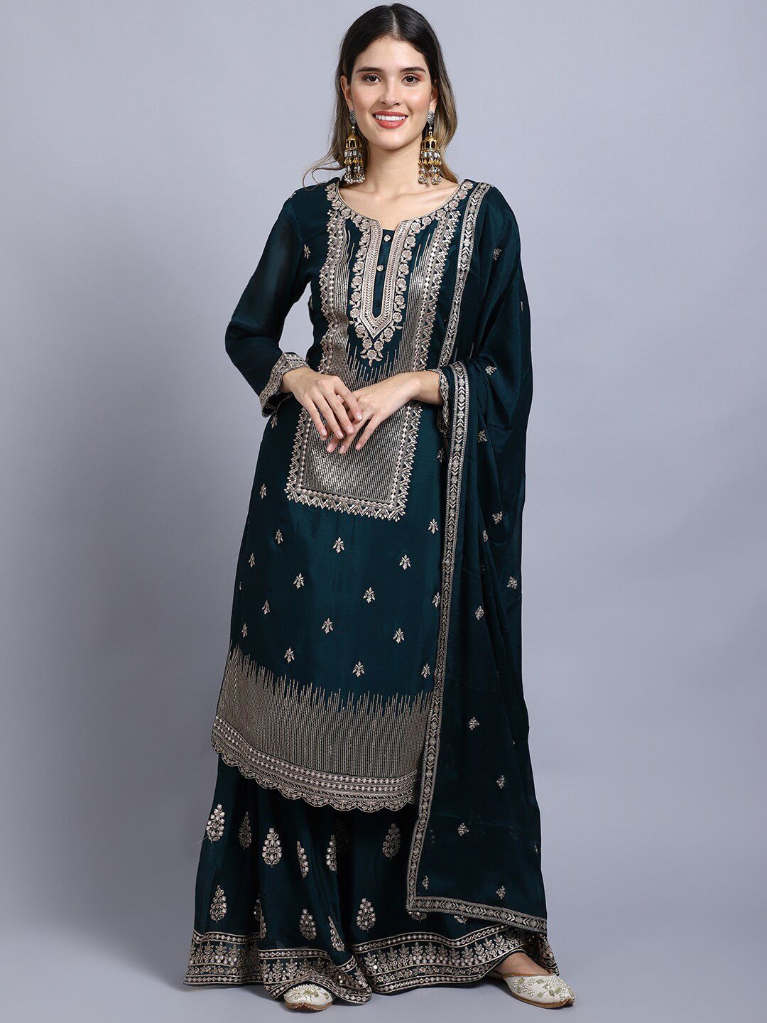 Stylee LIFESTYLE Teal & Gold-Toned Embroidered Semi-Stitched Dress Material Price in India