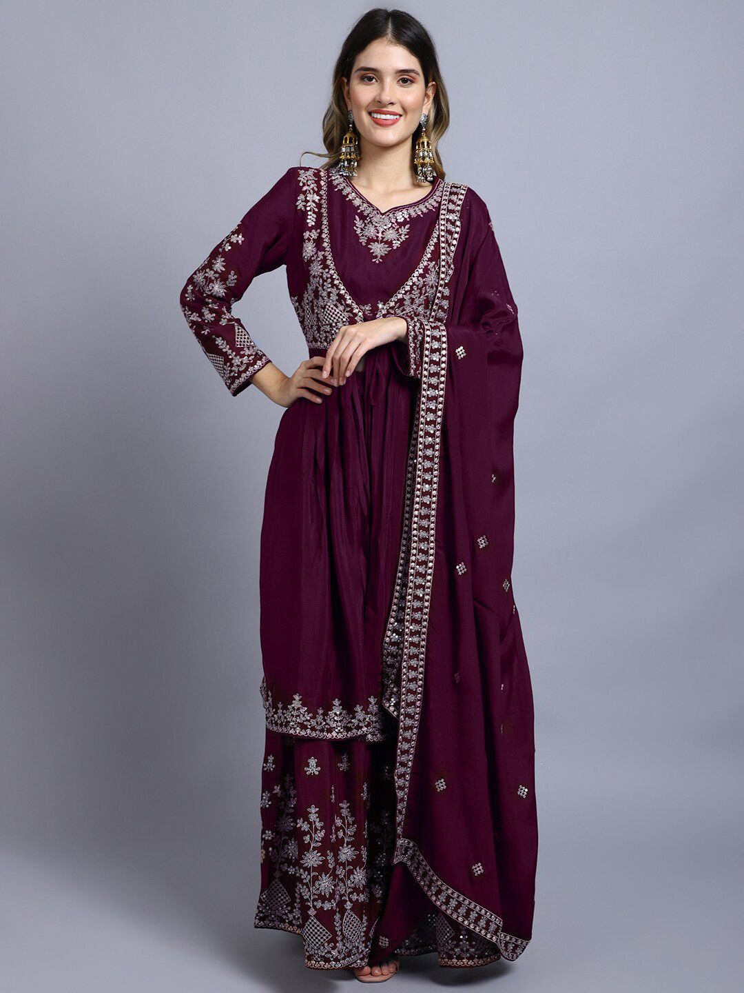 Stylee LIFESTYLE Maroon & Gold-Toned Embroidered Semi-Stitched Dress Material Price in India