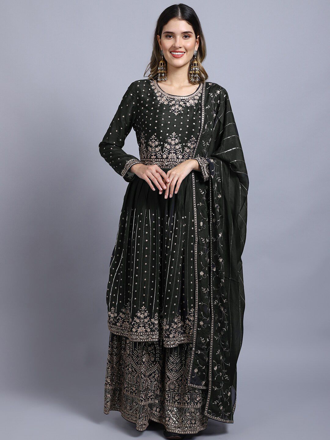 Stylee LIFESTYLE Grey & Gold-Toned Embroidered Semi-Stitched Dress Material Price in India