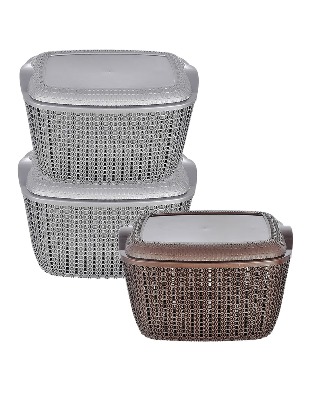 Kuber Industries Set Of 3 Textured Plastic Baskets With Lids Price in India