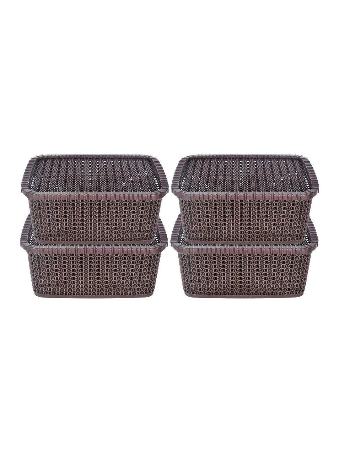 Kuber Industries Set Of 4 Brown Textured Plastic Baskets With Lids Price in India