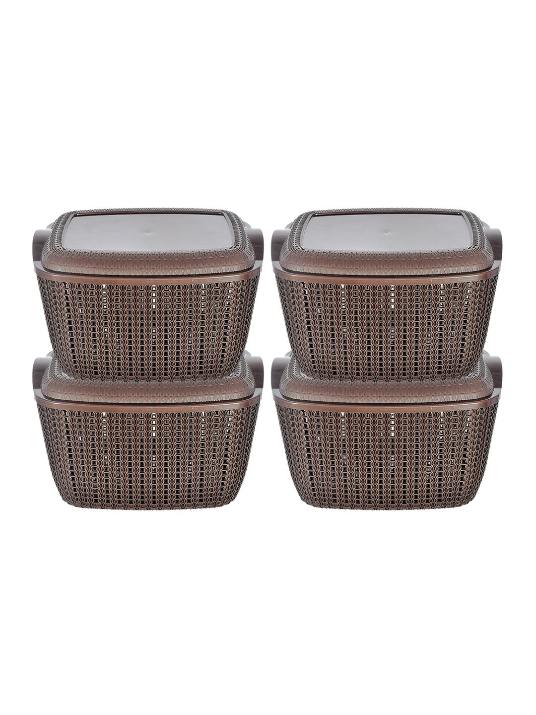 Kuber Industries Set Of 4 Brown Textured Plastic Baskets With Lids Price in India