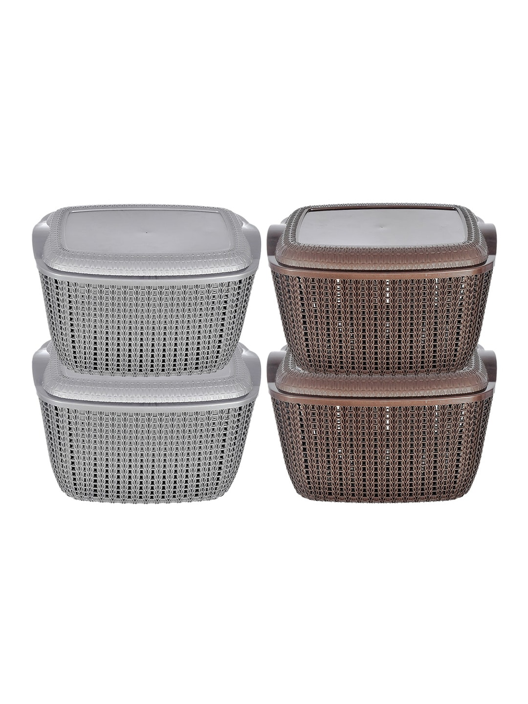 Kuber Industries Set Of 2 Grey & Brown Textured Multipurpose Basket With Lids Price in India