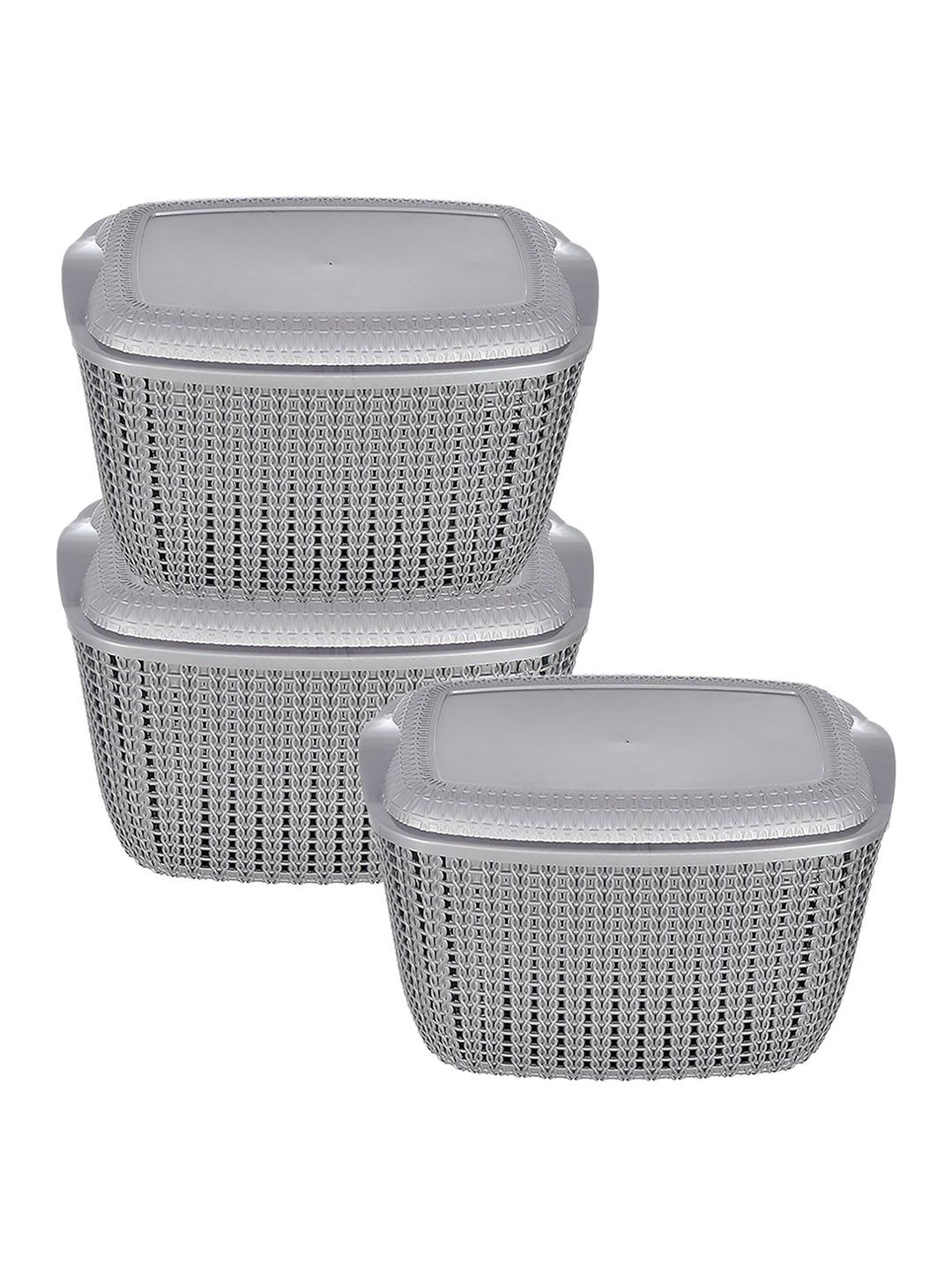 Kuber Industries Set Of 3 Grey Textured Plastic Baskets With Lids Price in India