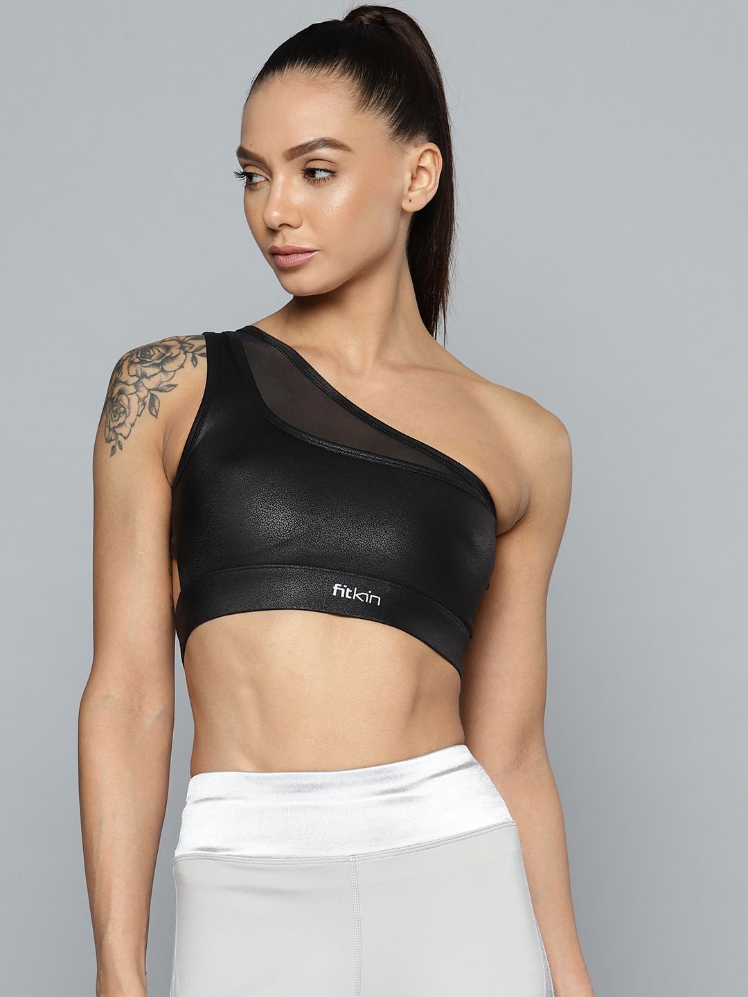 Fitkin Black One Shoulder Sports Bra B63-XS Price in India