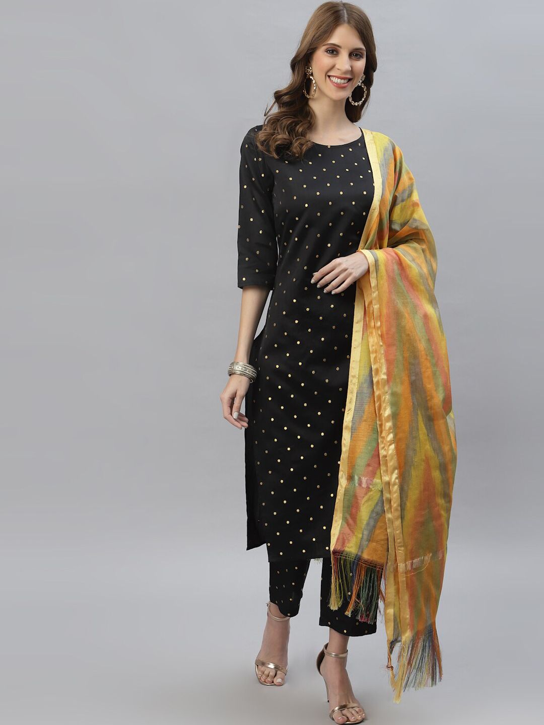 Stylum Women Black Printed Kurta with Trousers & Dupatta Price in India