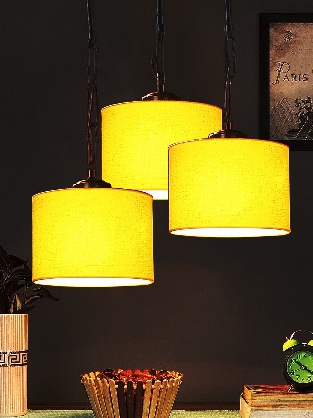 Devansh Yellow Cotton Round Drum Cluster Hanging Lamp Price in India