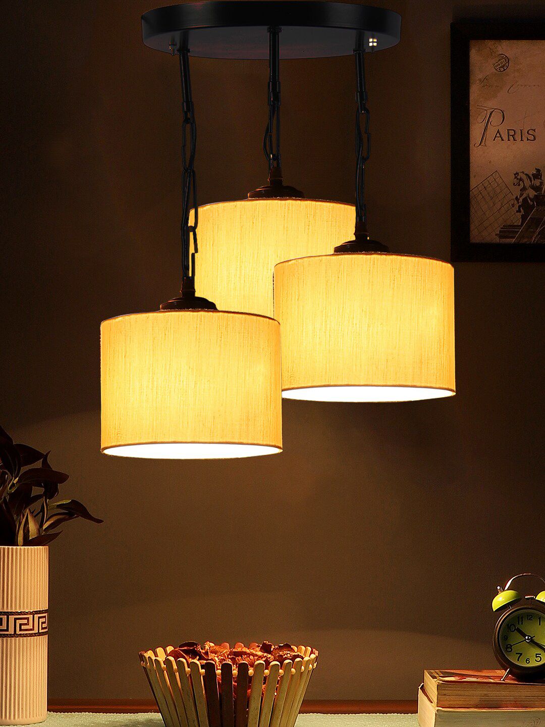 Devansh Off White Solid Spherical Drum Shaped Cluster Traditional Hanging Lamp Price in India