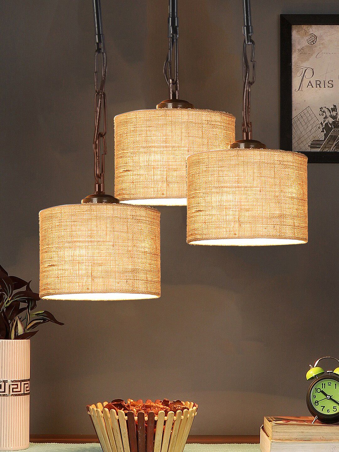 Devansh Beige Jute Drum Cluster Hanging Lamp Price in India