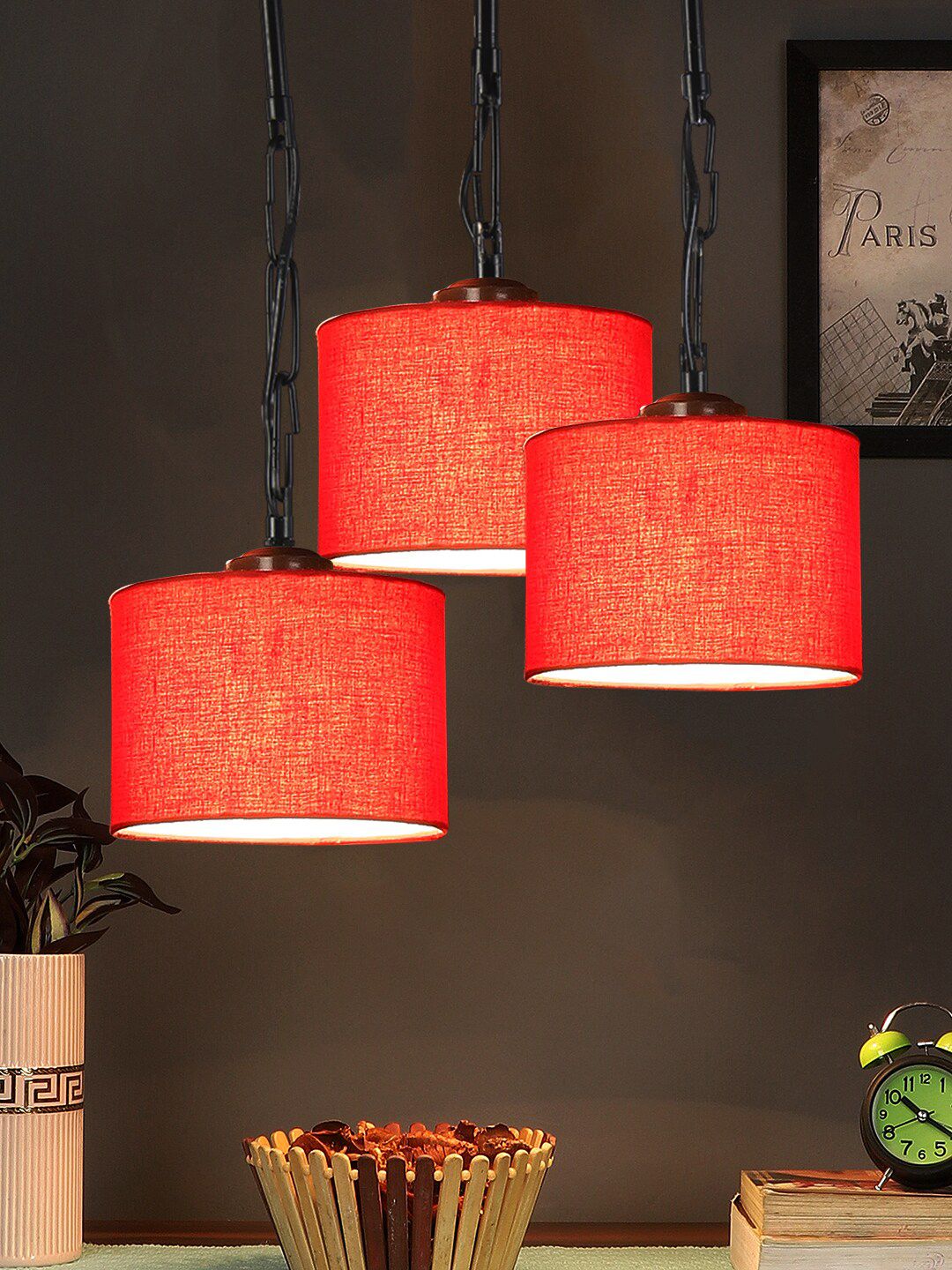 Devansh Red Round Drum Shaped Cluster Traditional Hanging Lamp Price in India