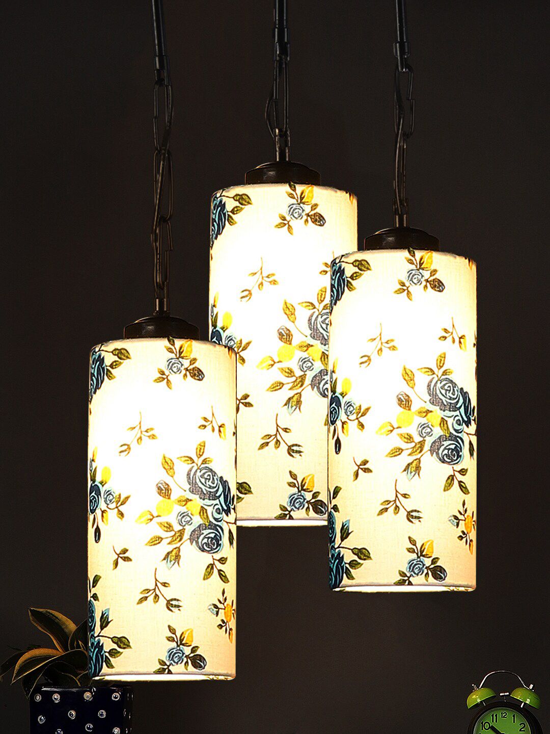 Devansh Set Of 3 White Floral Cotton Cylindrical Hanging Ceiling Lamp Price in India