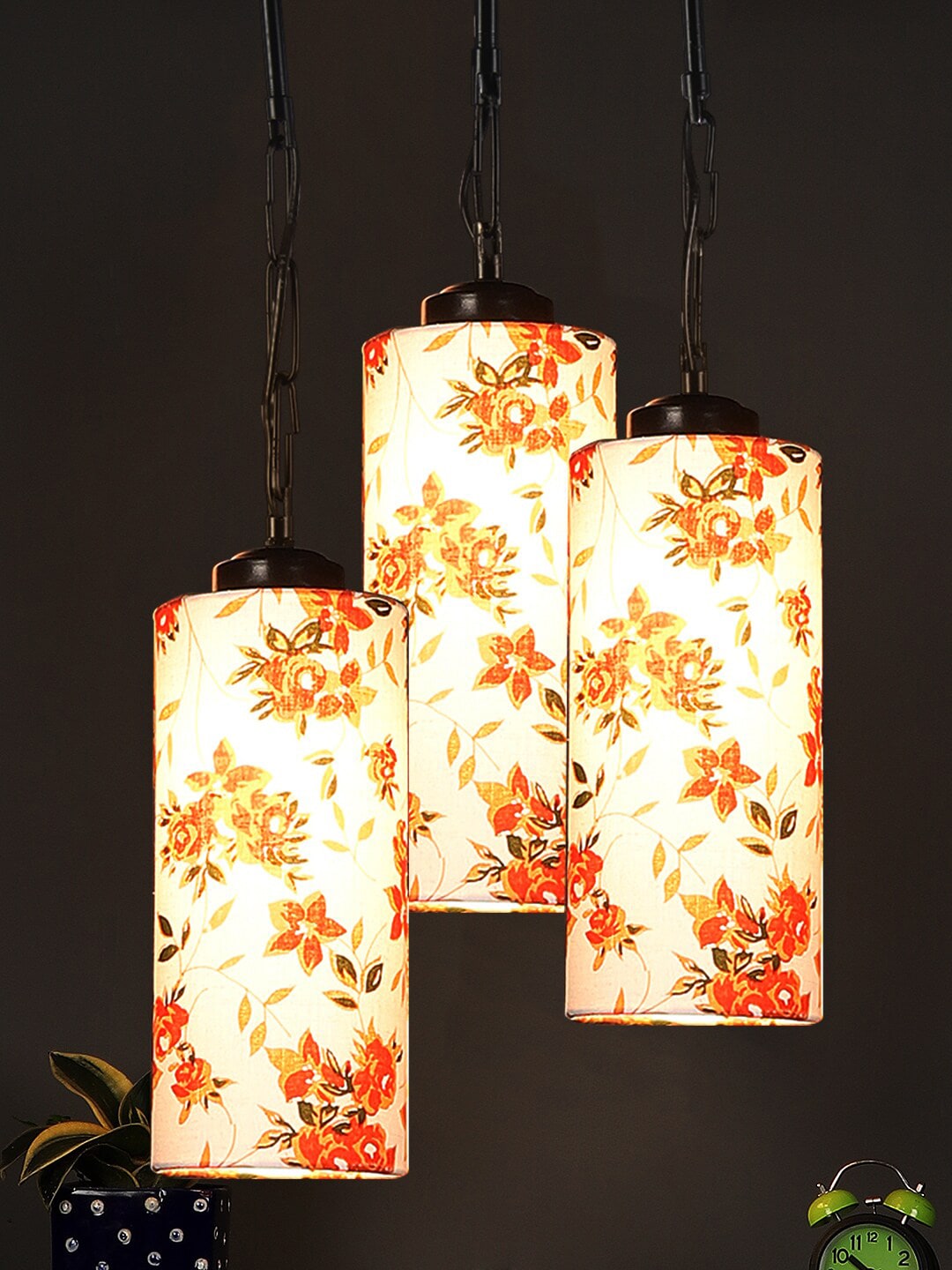 Devansh Set Of 3 White Floral Cotton Cylindrical Hanging Ceiling Lamp Price in India