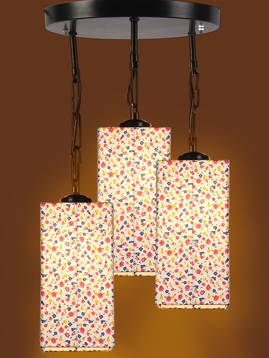 Devansh Set Of 3 White Printed Cotton Cylindrical Hanging Ceiling Lamp Price in India