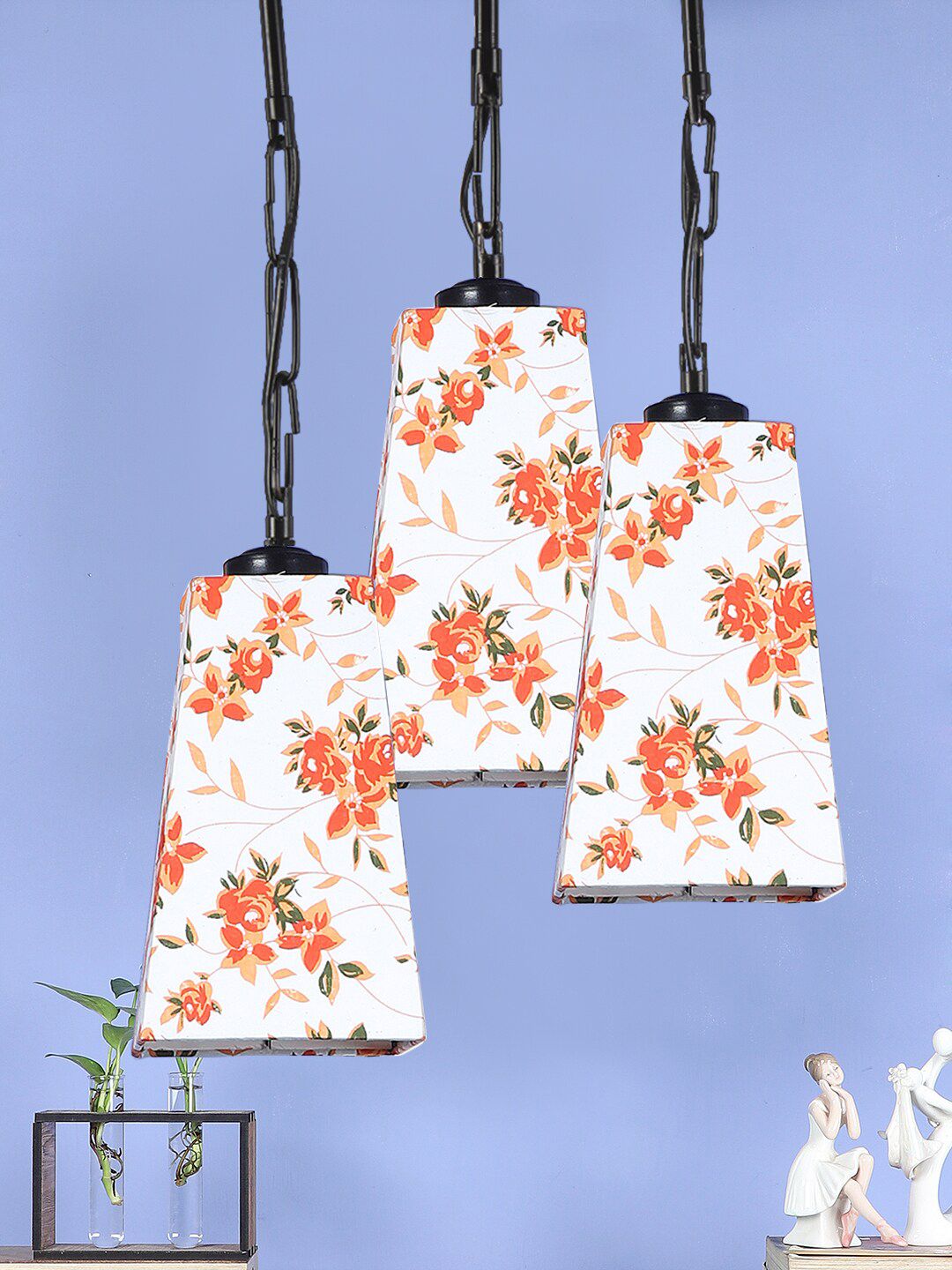 Devansh White & Orange Floral Printed Hanging Lamps Price in India