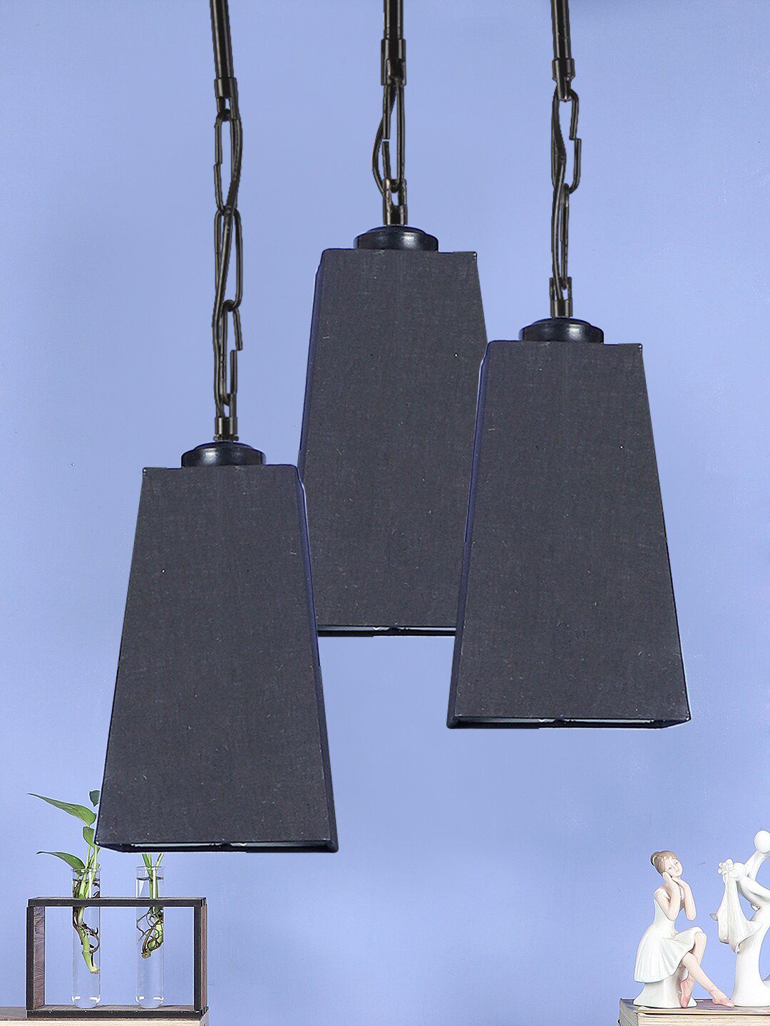 Devansh Set Of 3 Black Solid Cotton Pyramid Hanging Ceiling Lamp Price in India
